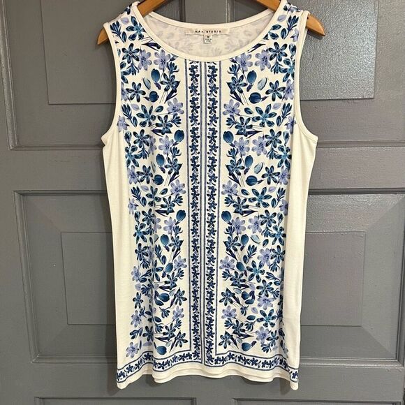 Max Studio Blue & White Floral Print Sleeveless Tunic Tank Sz M - Picture 1 of 4